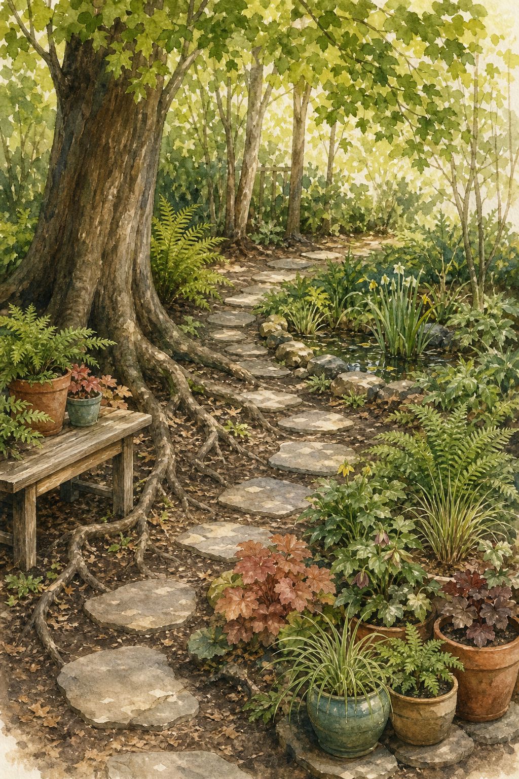 Pinterest pin: 8 Shade Garden Layouts for Small Yards Under Heavy Tree Cover
