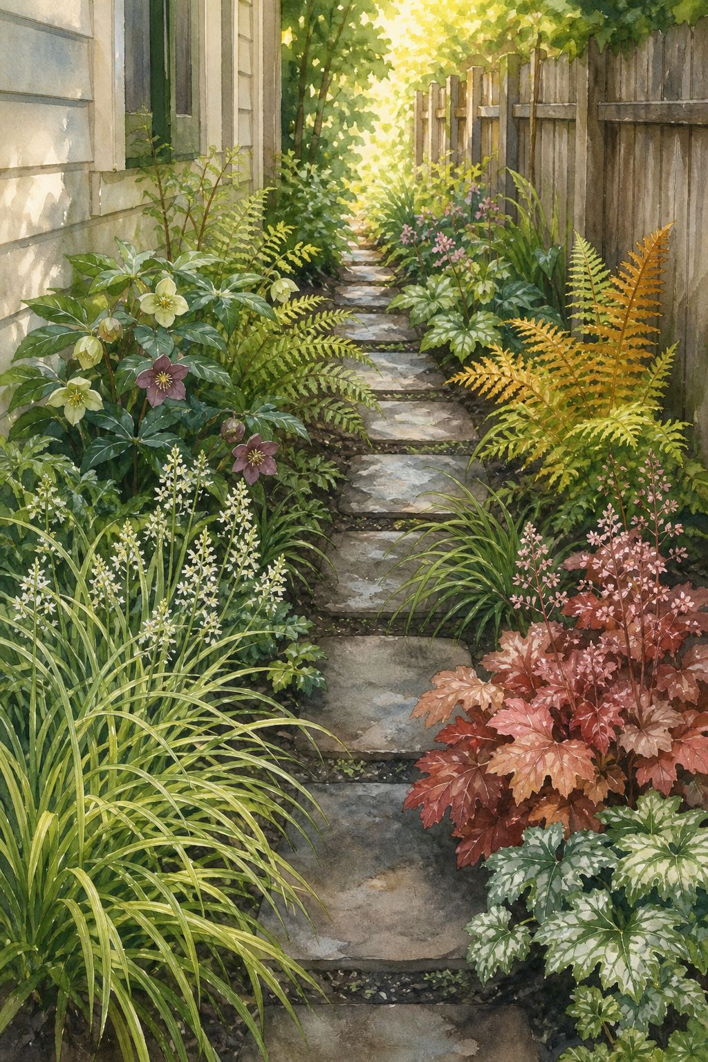 Pinterest pin: 9 Shade Garden Walkway Plant Ideas for Narrow Side Paths