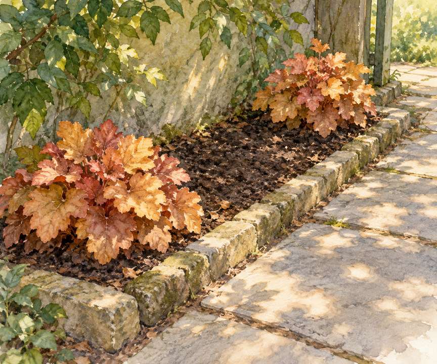 1. Edge a small bed with amber 'Caramel' coral bells — AI concept illustration