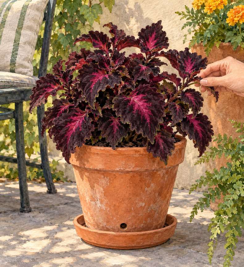 4. Keep burgundy coleus compact in a 10-inch pot — AI concept illustration