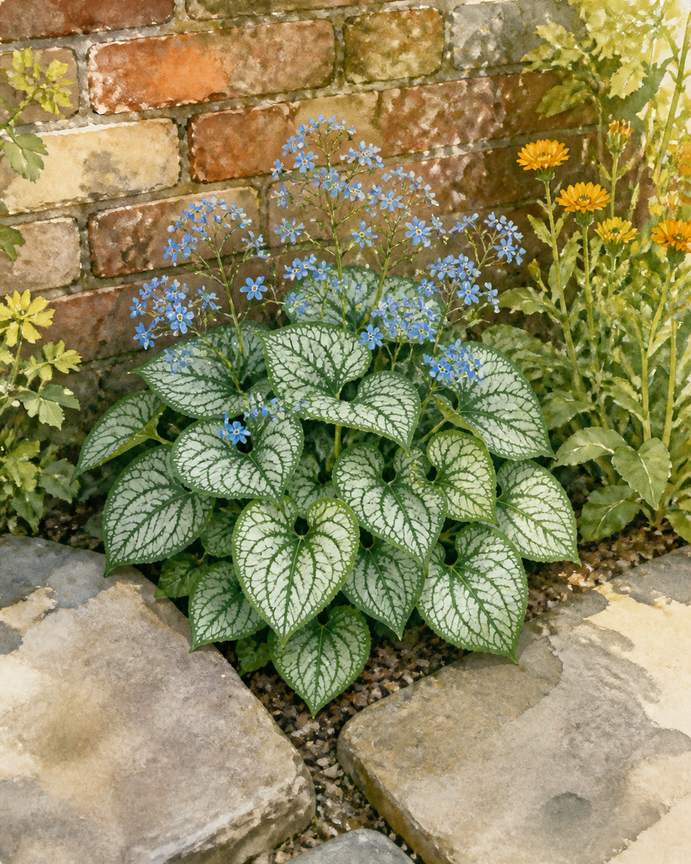 3. Brunnera for Blue Spring Flowers and Bright Leaves — AI concept illustration
