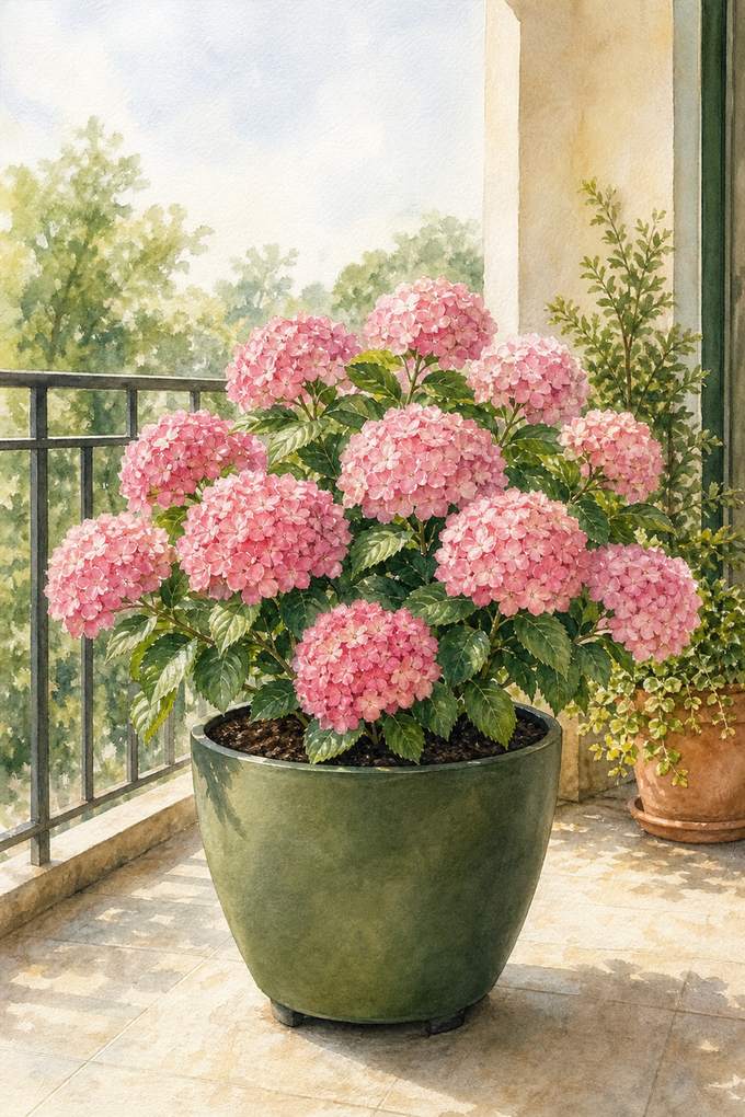 3. Keep Dwarf Hydrangea in a Moisture-Retentive Container — AI concept illustration