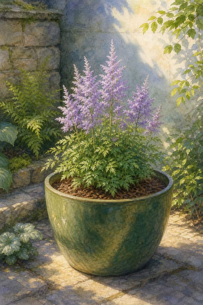 6. Plant Dwarf Astilbe Where the Pot Stays Cool — AI concept illustration