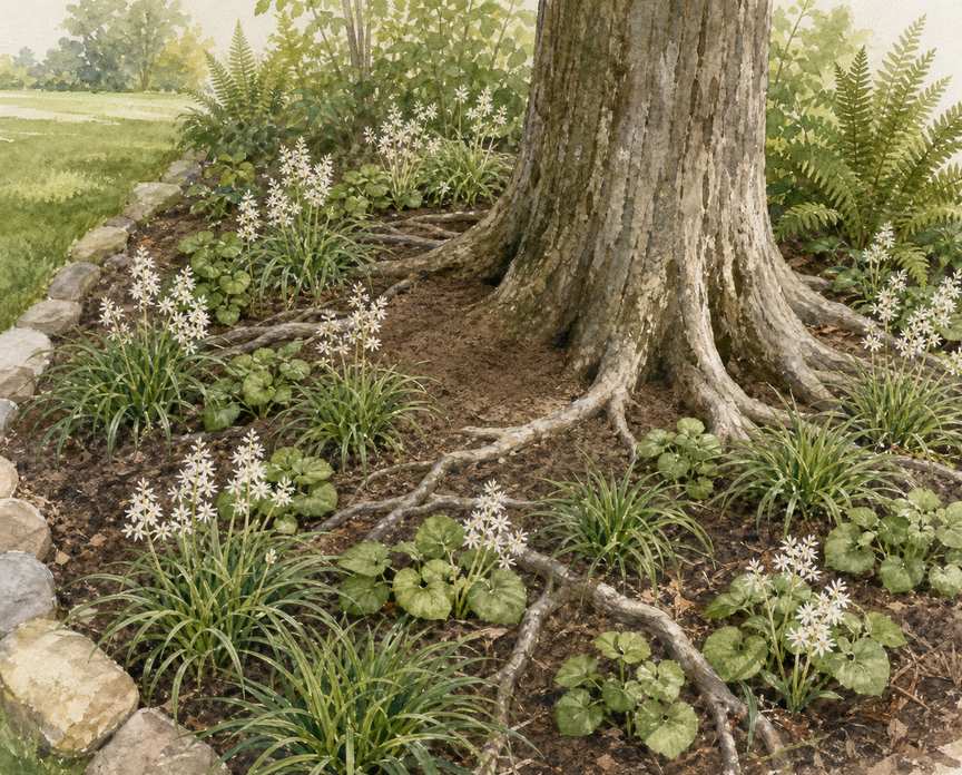 1. Wrap a shallow woodland bed around one tree — AI concept illustration