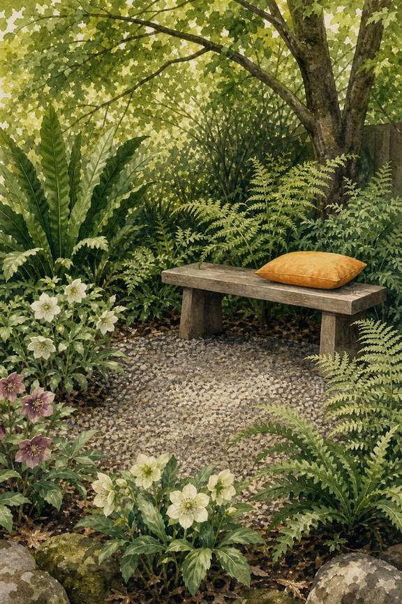 4. Turn the darkest corner into a fern-and-bench nook — AI concept illustration