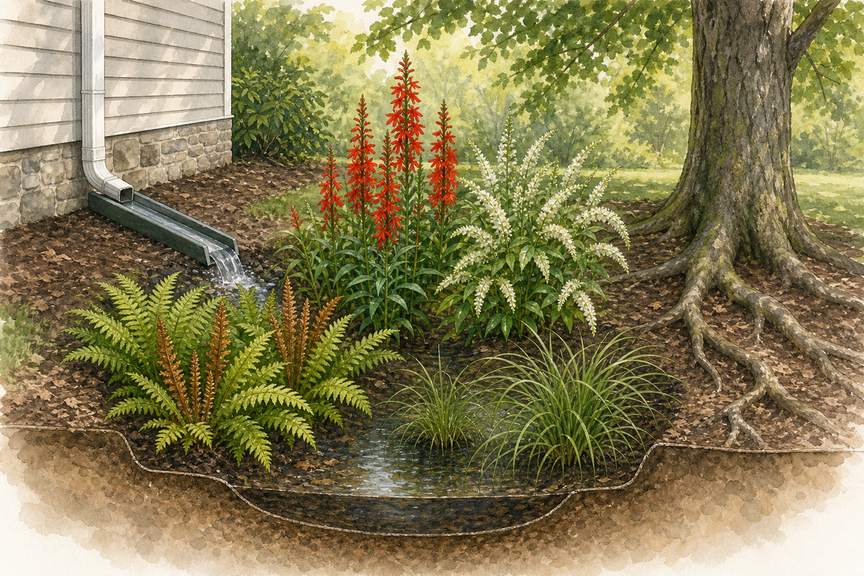 6. Make a small rain-garden pocket at the low point — AI concept illustration