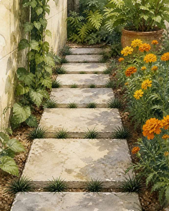 2. Tuck Dwarf Mondo Grass Between Stepping Stones — AI concept illustration