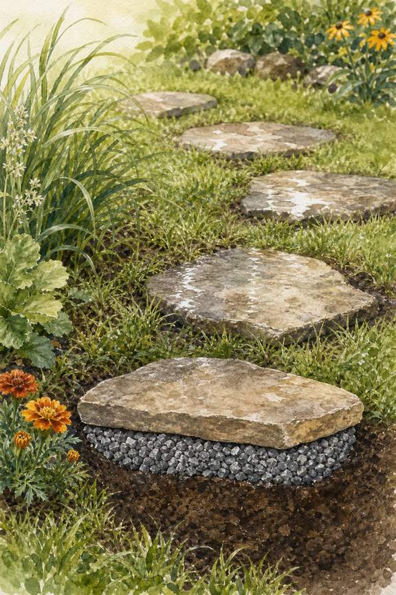 5. Set Stepping Stones on Shallow Gravel Pads — AI concept illustration