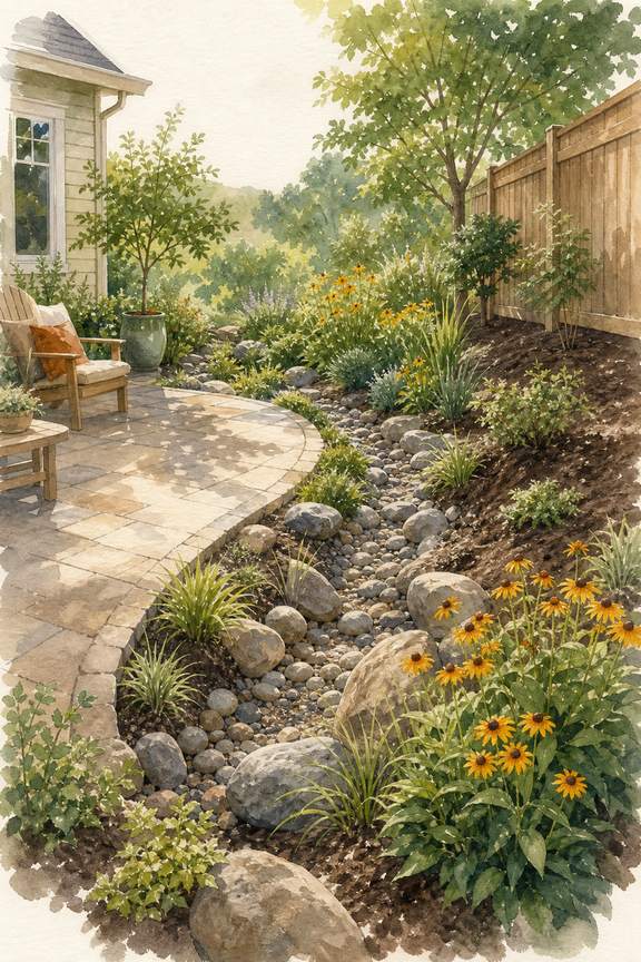 7. Shape a Shallow Stone-Lined Swale — AI concept illustration