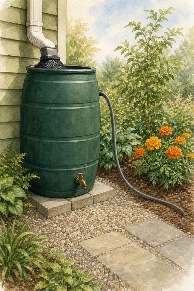 8. Add a Rain Barrel With a Planned Overflow Route — AI concept illustration