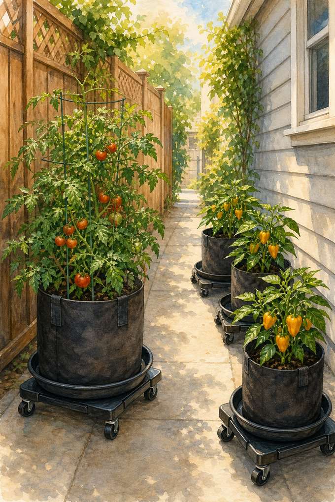 6. Park Compact Fruiting Crops on Locking Dollies — AI concept illustration