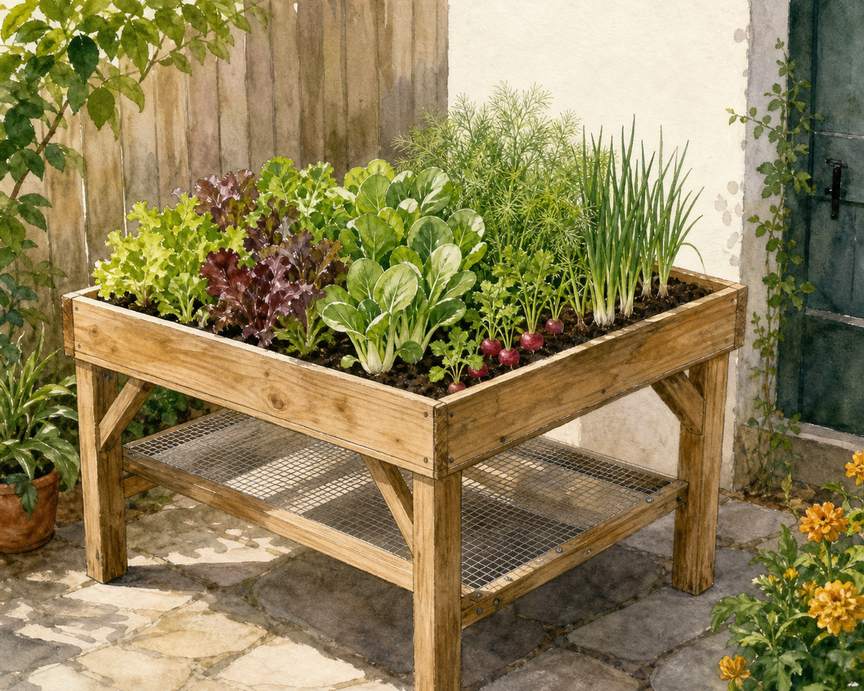 7. Raise Salad Greens on a Narrow Planting Table — AI concept illustration