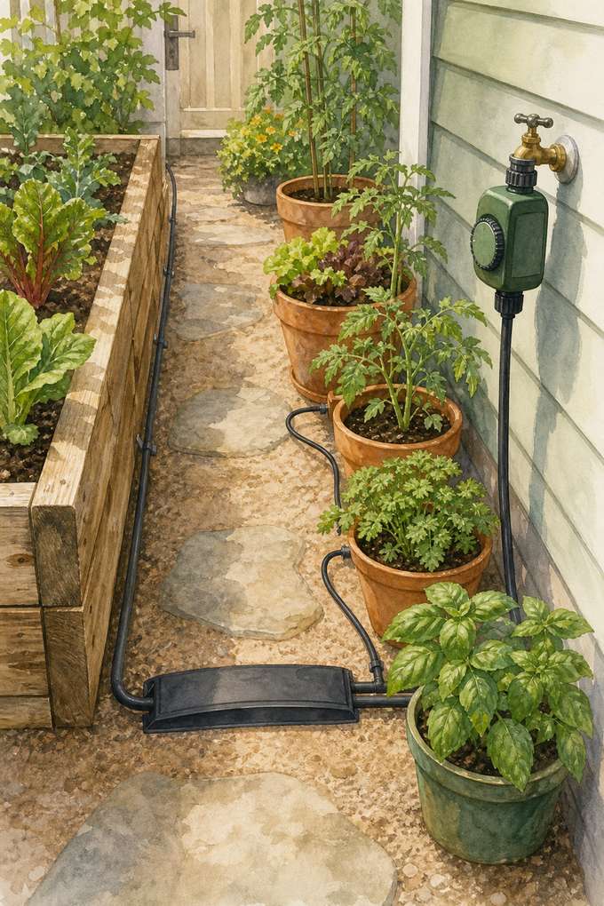 8. Keep the Walkway Dry With Edge-Run Drip Irrigation — AI concept illustration