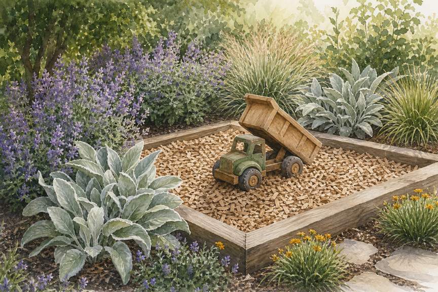 2. Make a Mulch Play Patch With Planted Edges — AI concept illustration