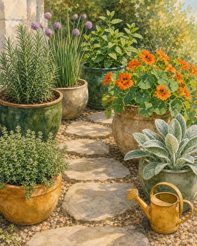 3. Line a Sensory Path With Sturdy Herb Pots — AI concept illustration