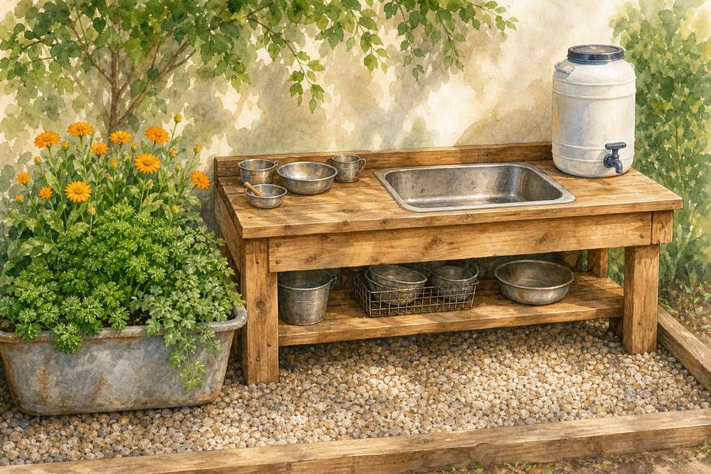 5. Add a Mud Kitchen Beside a Washable Herb Trough — AI concept illustration