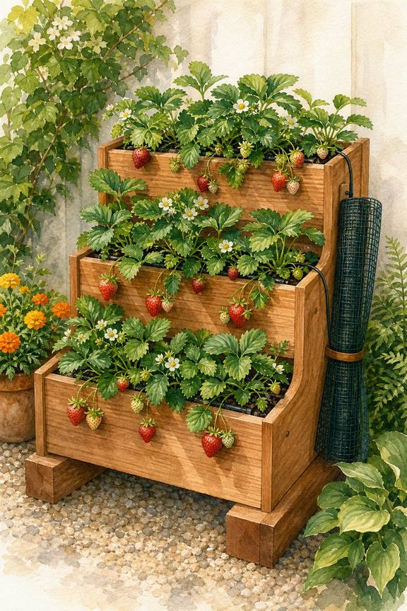 7. Create a Strawberry Picking Station in Tiered Planters — AI concept illustration