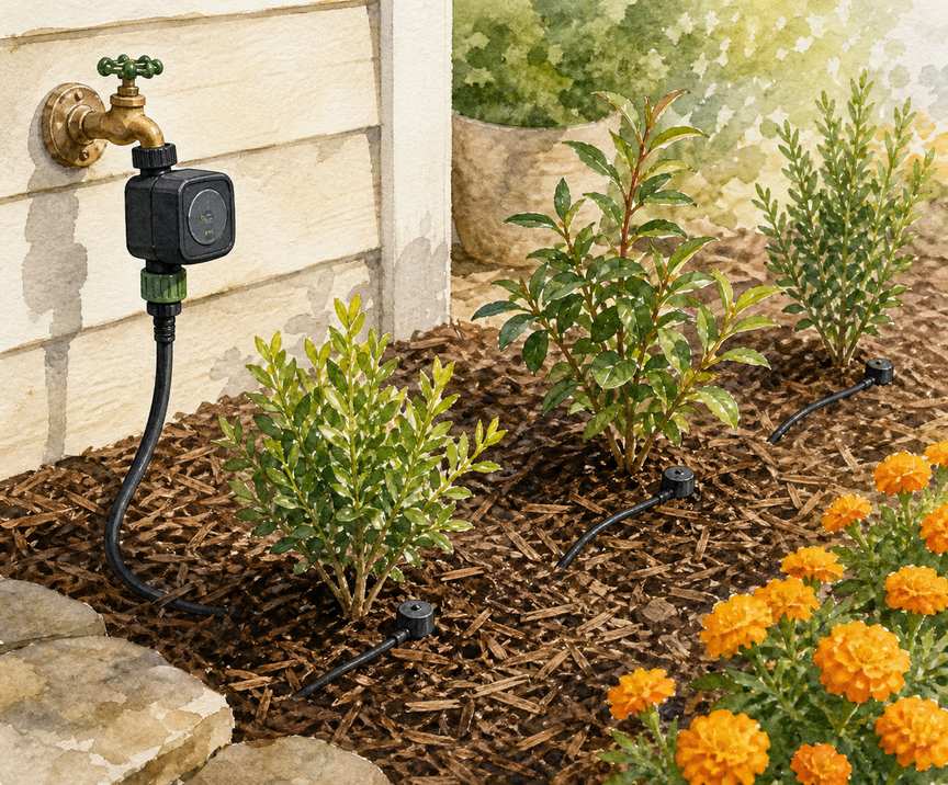 5. Put the whole yard on timed drip irrigation — AI concept illustration