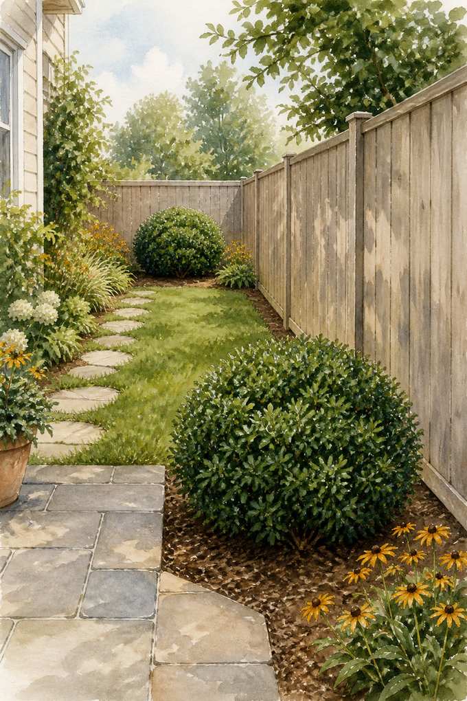 7. Anchor the layout with two compact evergreens — AI concept illustration