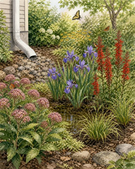 4. Turn a downspout corner into a mini rain garden — AI concept illustration