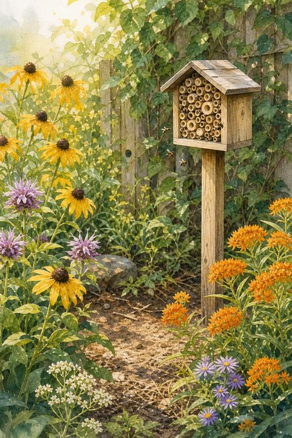 7. Tuck a bee-nesting corner behind the flowers — AI concept illustration