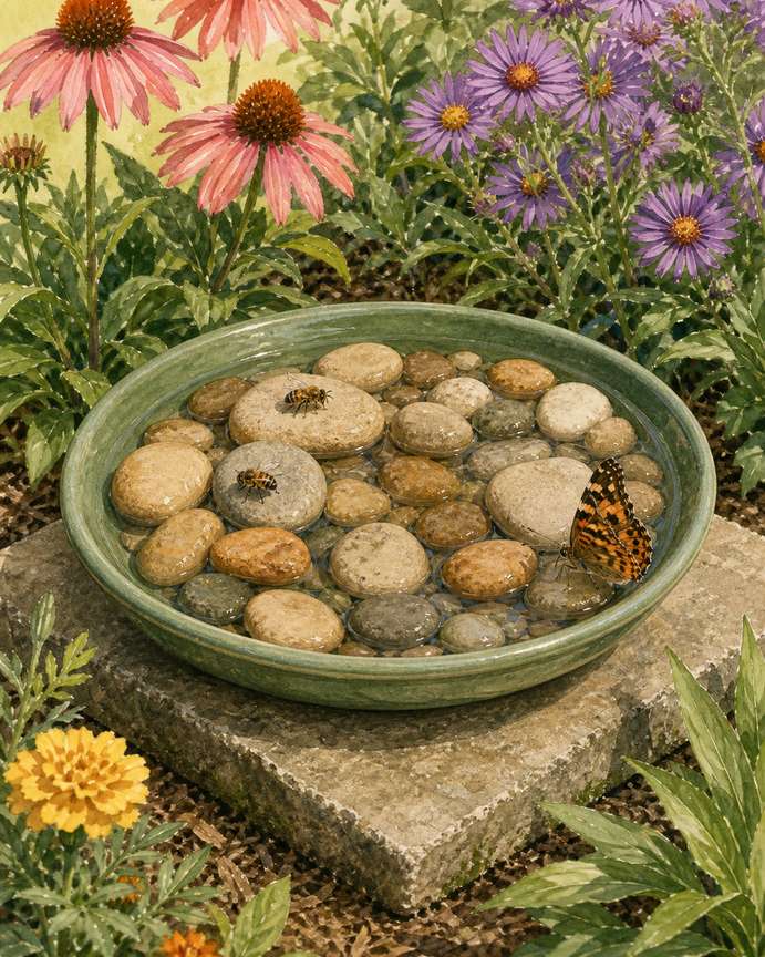 8. Add a pebble saucer instead of a deep birdbath — AI concept illustration