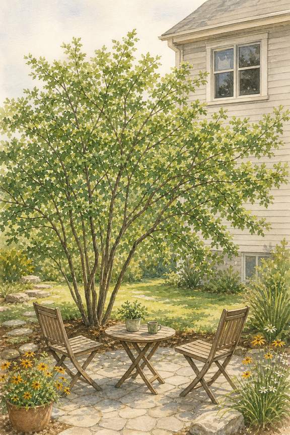 3. Use a small multi-stem tree to block one upstairs window — AI concept illustration