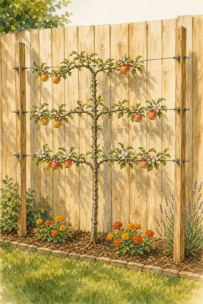 6. Espalier a fruit tree against a sunny fence line — AI concept illustration