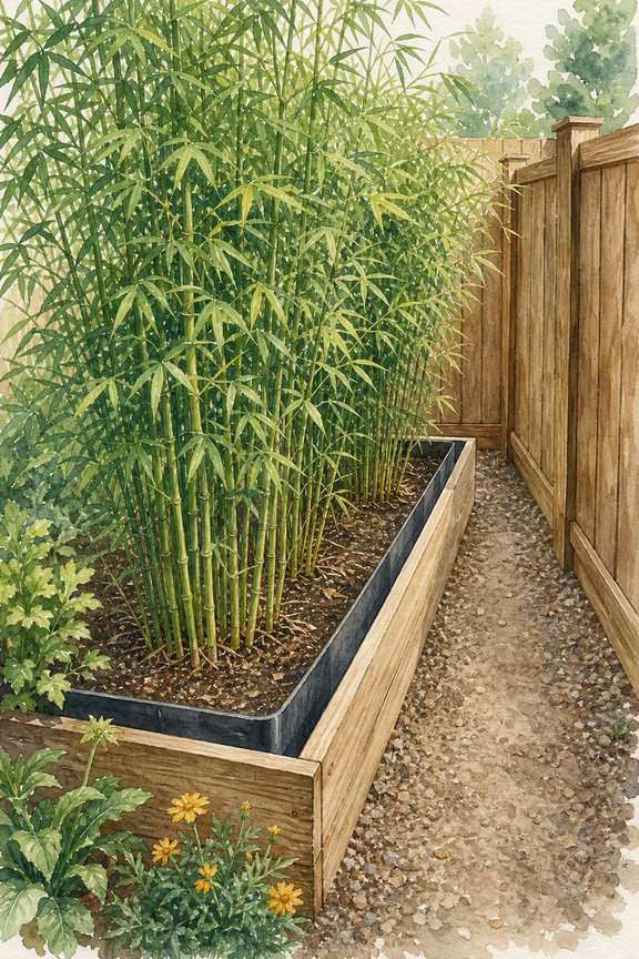 7. Contain clumping bamboo in a raised root barrier — AI concept illustration