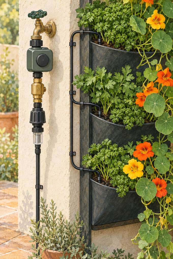 2. Add a timer and pressure regulator at the hose bib — AI concept illustration