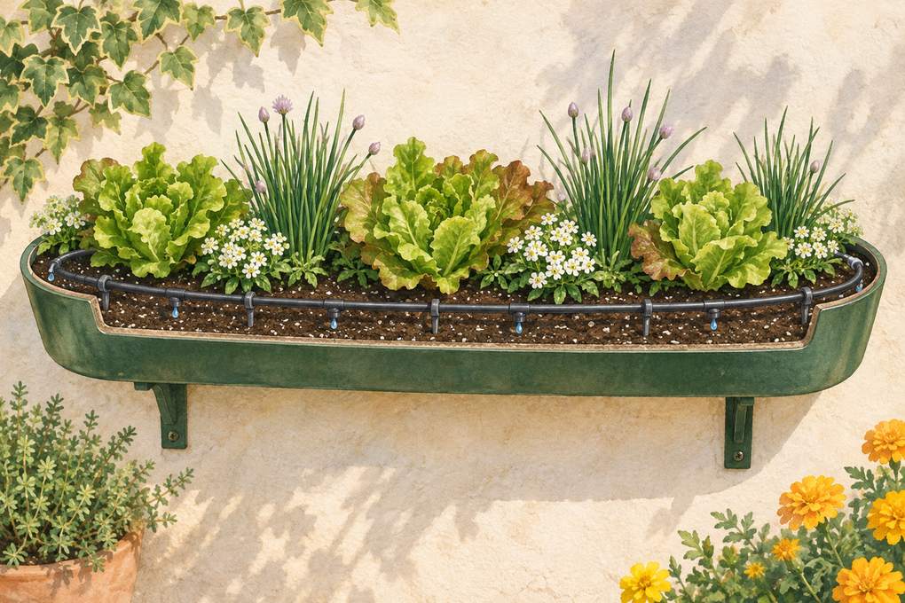6. Loop inline drip tubing through long troughs — AI concept illustration