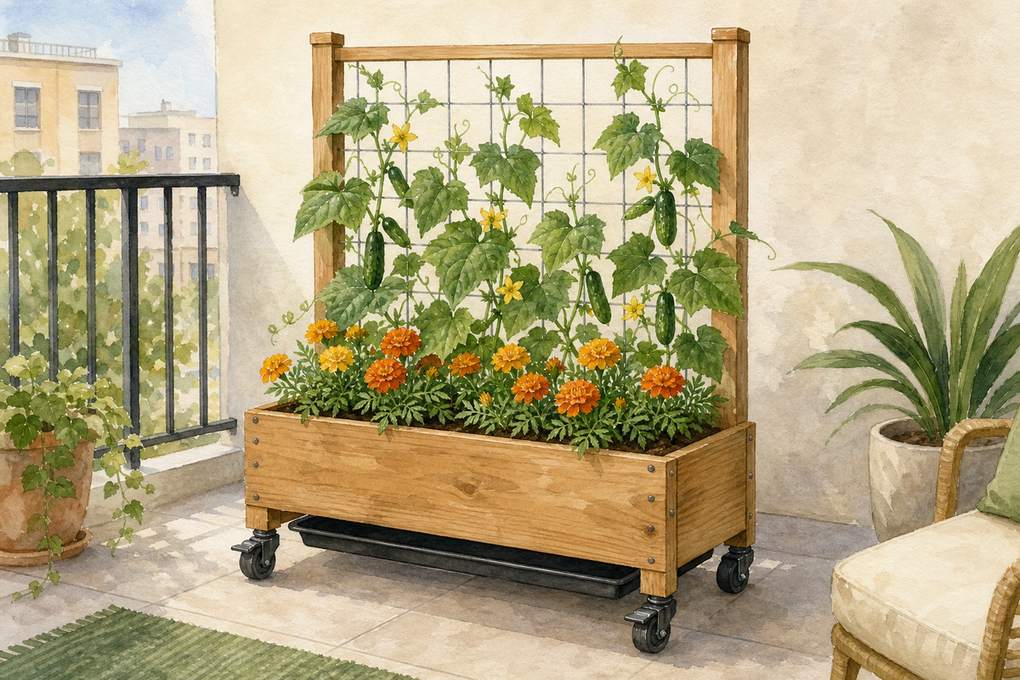 7. Choose a Wheeled Planter With a Built-In Trellis — AI concept illustration