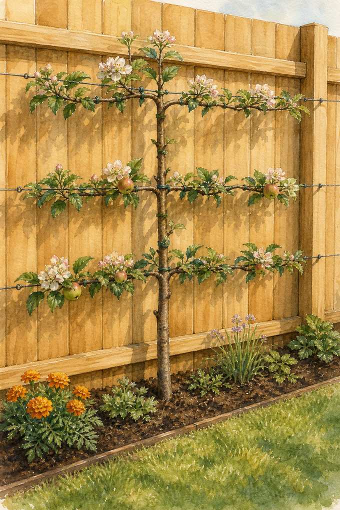 6. Espalier a Dwarf Apple Tree Flat Against the Fence — AI concept illustration