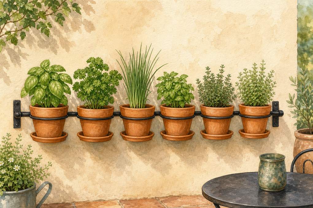 1. Mount a rail with removable herb pots — AI concept illustration