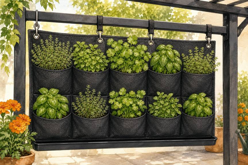 3. Hang breathable pockets for shallow-rooted herbs — AI concept illustration