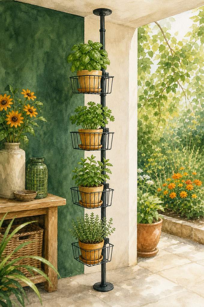 5. Use a tension pole with herb baskets — AI concept illustration