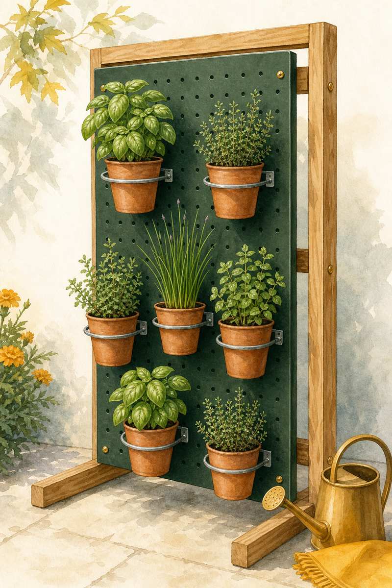 6. Arrange pots on an outdoor pegboard — AI concept illustration