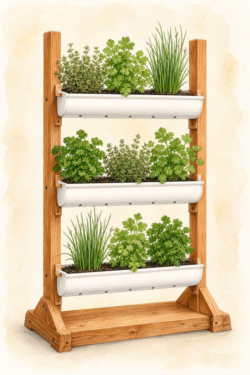 7. Stack gutter planters on a narrow frame — AI concept illustration