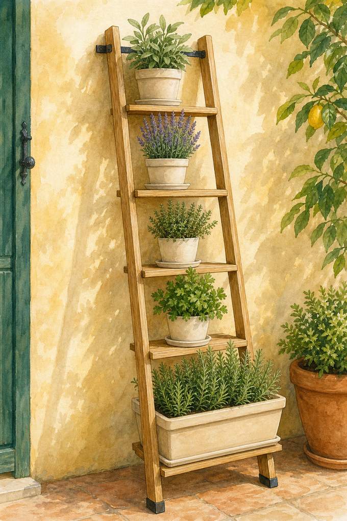 8. Lean a ladder planter against a sunny wall — AI concept illustration