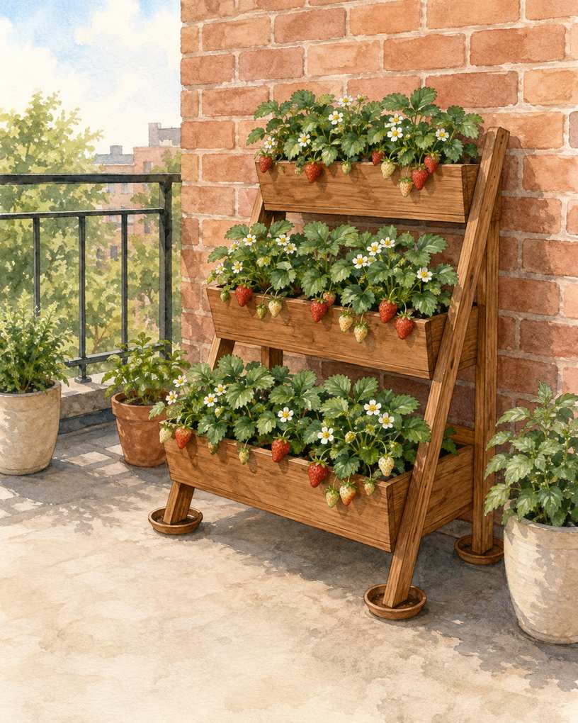 1. Stack a Freestanding Cedar Strawberry Ladder — AI concept illustration
