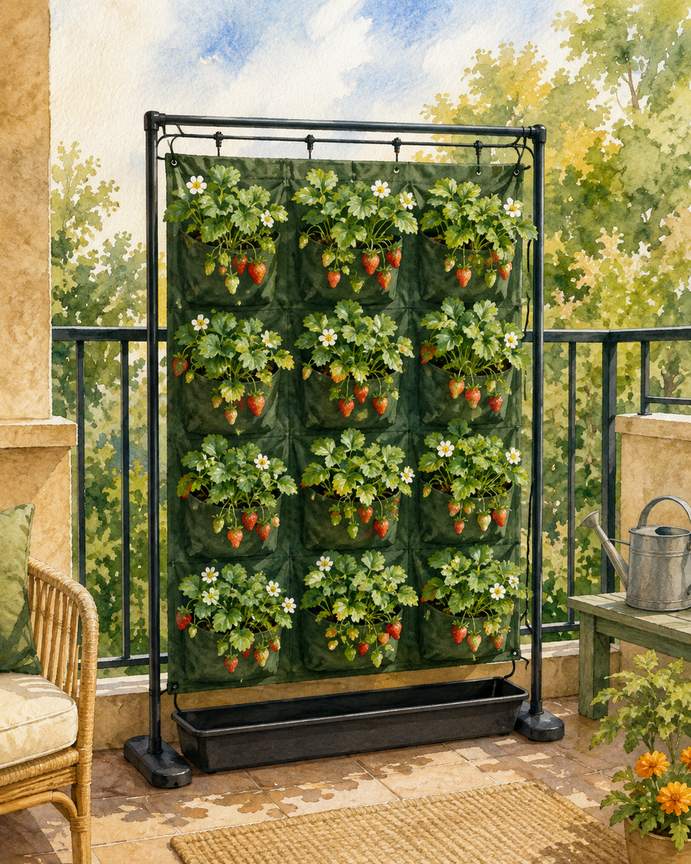 2. Hang Fabric Pockets on a No-Drill Railing Frame — AI concept illustration