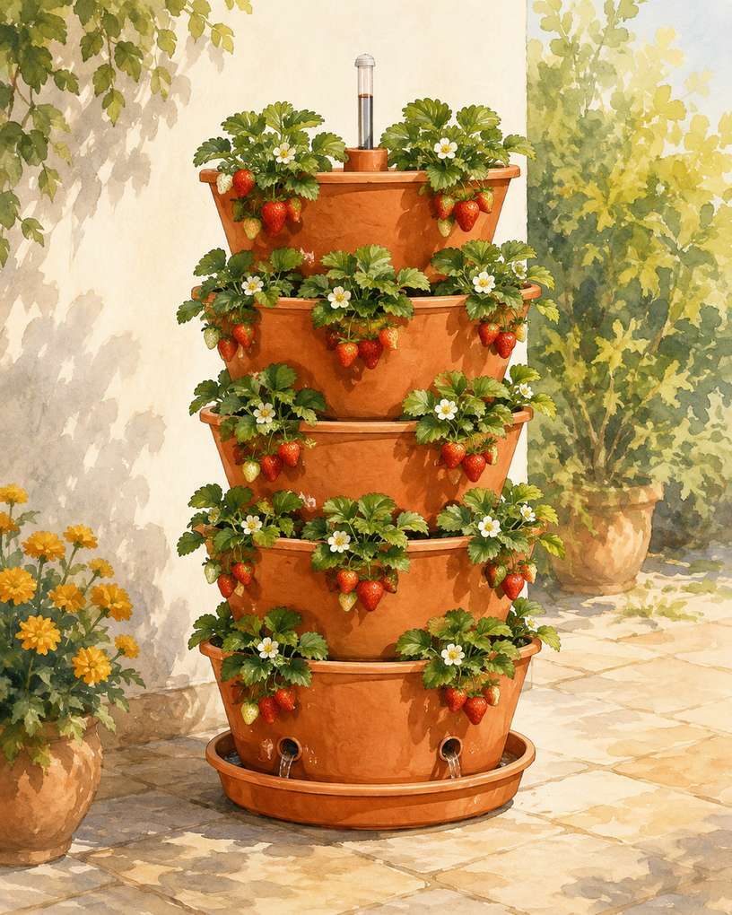 5. Use a Self-Watering Stackable Planter — AI concept illustration