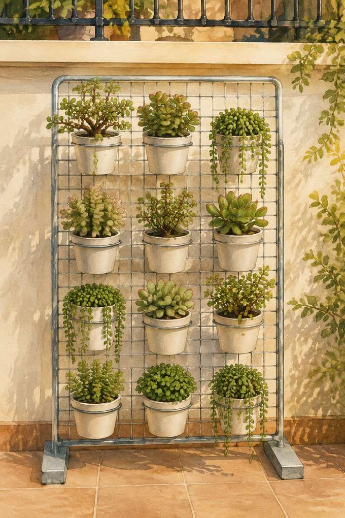 3. Clip nursery pots to a freestanding wire grid — AI concept illustration