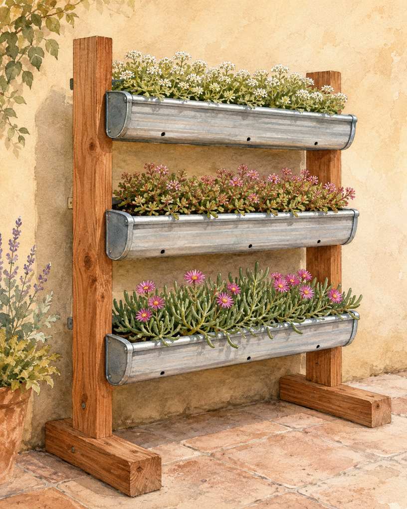 6. Plant a freestanding rain-gutter rack — AI concept illustration