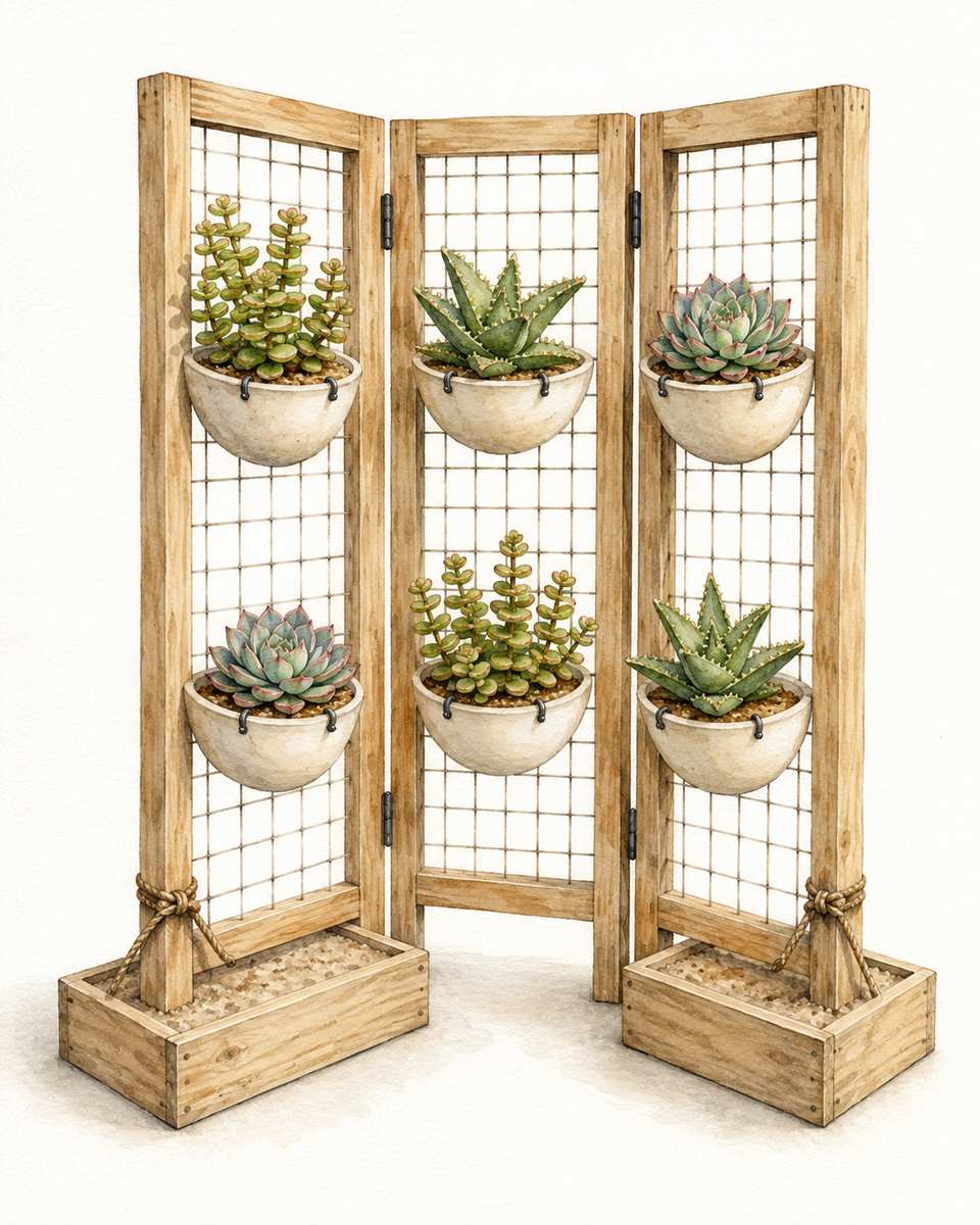 8. Display shallow planters on a folding screen — AI concept illustration